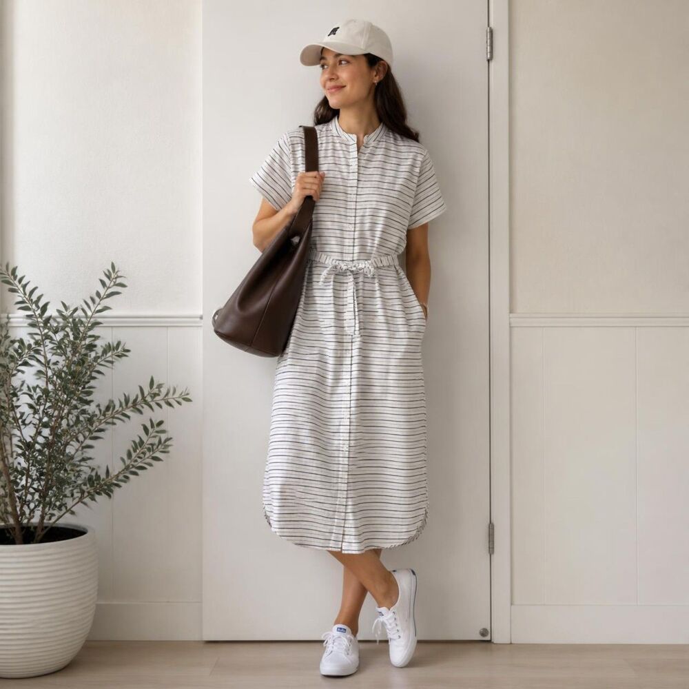 Stelen Pinstripe Shirtdress Midi Tie Waist Short Sleeve Sz S Cotton utility maxi